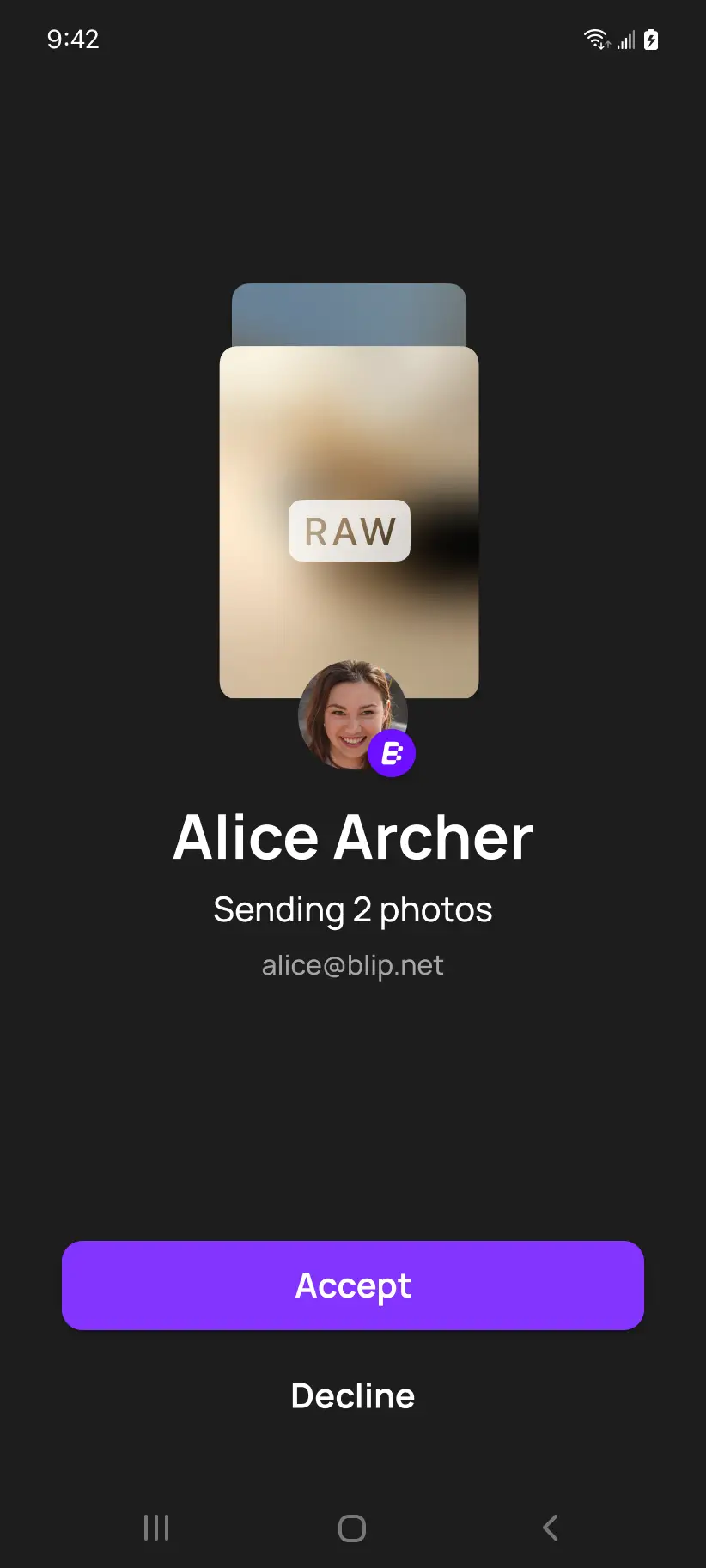 An Android phone showing: 'Alice is sending you 2 photos'