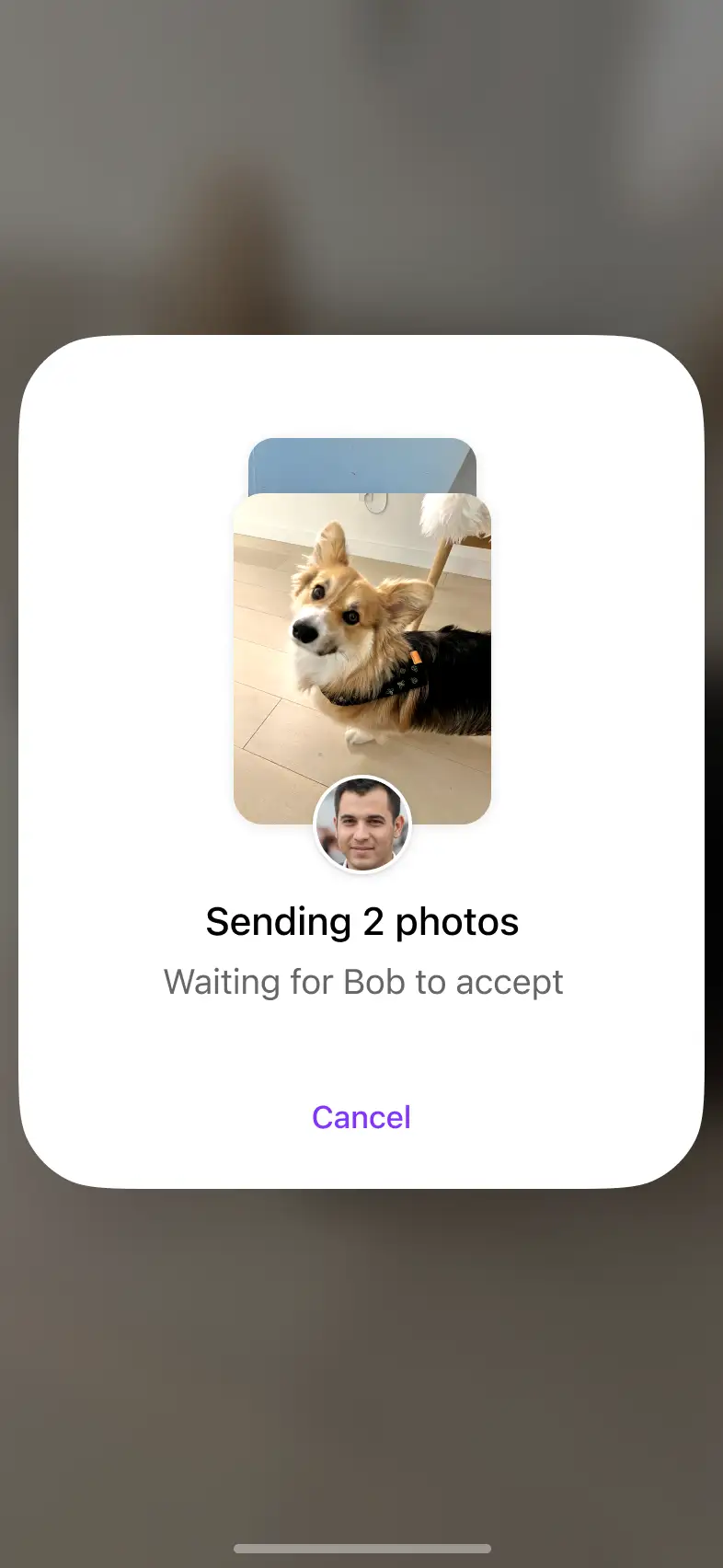 An iPhone showing: 'Sending 2 photos to Bob'